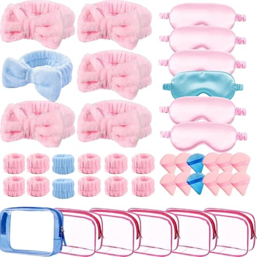 Lot de 42 fournitures de fête spa - Coffret Cadeau pour Soirée Pyjama entre Amies - Inclut Trousse, Masques, Bandeau (5 Roses + 1 Bleu)