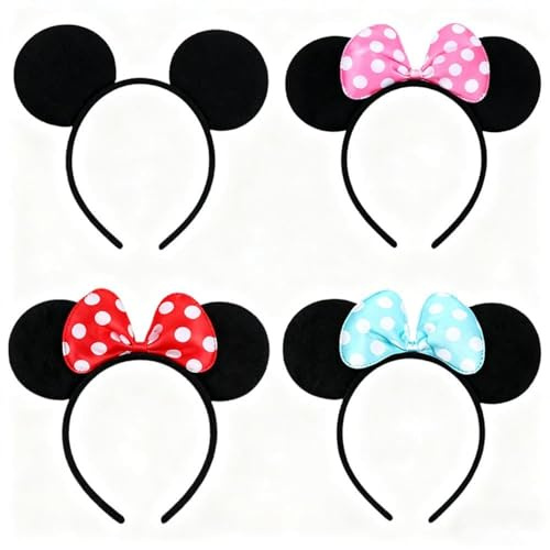TRIXES Pack de 4 serre-têtes avec oreilles de souris de dessin animé – Nœud en satin multicolore à pois blancs – Accessoire de costume pour déguisement – Cadeau ou décoration de fête