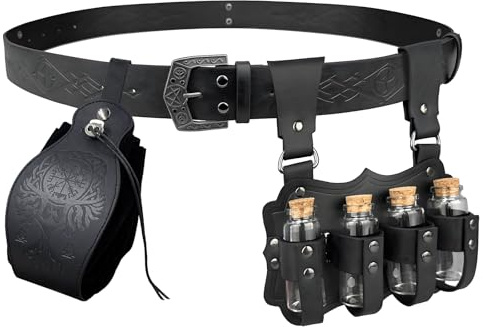 TiGog Mittelalter Gürtel Alchemisten-Set mit Gürteltasche und Mehreren Trankflaschen, Wikinger Gürteltasche Geprägte Kunstleder, Fantasy Zauberer Zaubertrank Flaschen für Cosplay Karneval