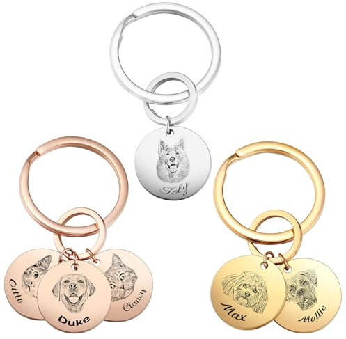 MMXX Personalisierter Schlüsselanhänger mit Haustier Porträt, Graviertem Foto/Namen, für 1-4 Hunde oder Katzen, Gedenkgeschenk für Haustiere
