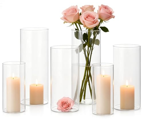 ARATERVIO Glas Zylinder Vasen Set 6er – Große Glasvasen für Tischdeko Hochzeit, Kerzengläser Windlicht Glas, Zylindervasen als Kerzenhalter und Blumenvase für Wohnzimmer, Event, Party (S+M+L)