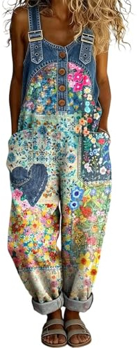 Denim Dungarees for Women UK Summer Loose Fit Sleeveless Floral Print Overalls Baggy Jumpsuit Wide Leg Pants Adjustable Straps Playsuit with Pockets Vintage Bib Romper