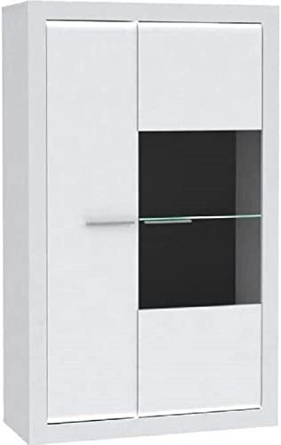 FORTE L-Light Vitrine mit 1 Tür und 1 Glastür, Holzwerkstoff, Weiß mit Weiß Hochglanz, B x H x T: 98 x 160 x 41,3 cm