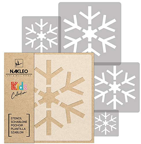 NAKLEO Schablonen Malen für Kinderzimmer, 5 Stück Set 9x9 bis 34x34cm Schneeflocke, Wiederverwendbare Kunststoff Malvorlage Raumdekoration, Basteln DIY Wand Möbel Papier Stoff