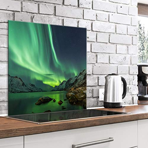 murando Spritzschutz Glas für Küche 80x80 cm Küchenrückwand Küchenspritzschutz Fliesenschutz Glasbild Dekoglas Küchenspiegel Glasrückwand Polarlicht Panorama Island - c-B-0516-aq-a