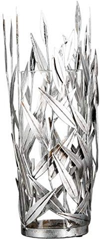 Casablanca Windlicht Twings Metall silberfarben Antikfinish Blattdesign mit Glaseinsatz H: 50 cm Ø 13 cm 84202