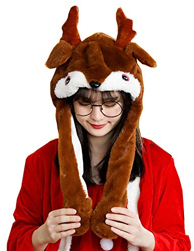 Tierhut mit Ohren, bewegliches Hüpfmütze, Pop-Up-Ohren, Plüschhut, Kappe, Stirnband für Frauen und Mädchen Gr. Einheitsgröße, reh / hirsch