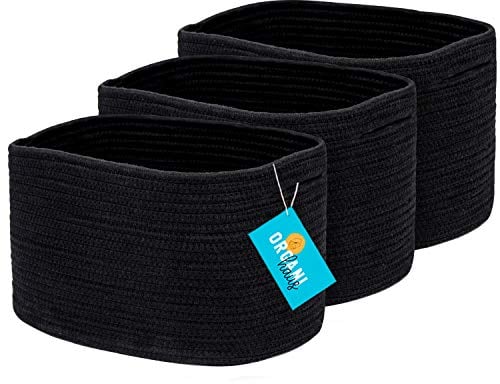 OrganiHaus Pack of 3 Black Bathroom Storage Baskets, Woven Basket for Storage, Toilet Roll Basket, Cotton Rope Basket for Towel Storage, Woven Storage Baskets for Shelves, Toy & Blanket Basket