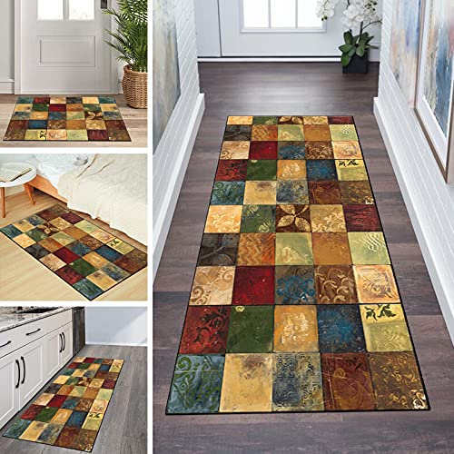 QQrunner Teppichläufer rutschfest Läufer Flur 60x180cm Küchenteppich Vintage Bunt Waschbar Meterware Schlafzimmer Korridor Teppich Lang, Länge Anpassbare, 60/70/ 80/90/ 100/110/ 120cm Breit