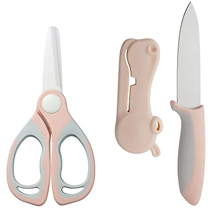 DAMPEN Keramik-Schere mit Keramikmesser-Set, weiche Griffe, Sicherheit, gesund, Küchenschere für Babynahrung, Kindernahrung (rosa)