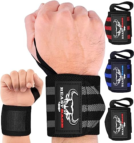 BEAST RAGE Handgelenk Bandagen (Gym Wrist Wraps) Kraftsport Handgelenkstütze Gelenkbandage Schlaufen Krafttraining Workouts Übungen (schwarz/grau)