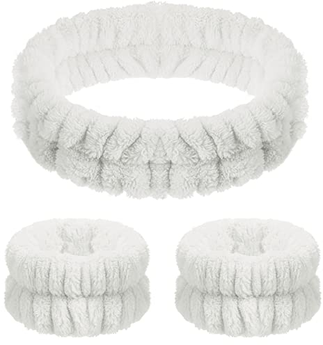 Chuangdi 3 Stück Spa Gesicht Stirnband Handgelenk Waschbänder Set Weiches Makeup Haarband Elastisch Handgelenk Schweißband Flauschiges Kosmetik Stirnband für Damen Mädchen (Weiß, Reiner Stil)