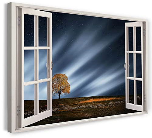 Printistico Leinwandbild (60x40cm) Fensterblick - Baum bei Nacht Sterne Licht Natur Himmel - Natur-Fotografie, echter Holz-Keilrahmen inkl. Aufhänger, handgefertigt in Deutschland