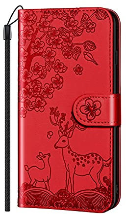 VQWQ Hülle Compatible with Google Pixel 4A 5G - Embosid Hirsch Leder Flip Case 360 Grad Schutzhülle Brieftasche Kartenfach Ständer Magnet mit Strap Wallet für Google Pixel 4A 5G [MHL] -Rot