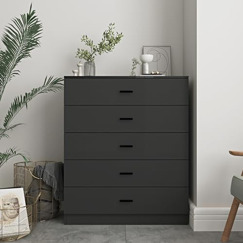 URBNLIVING Black Wooden Bedroom Furniture Cabinet Chest of Drawers Dressing Table Wardrobe - 5 Draw Cabinet