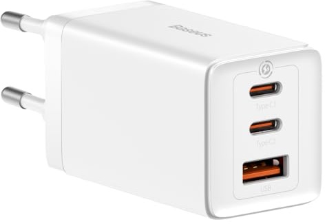 Baseus Travel Charger GaN5 Pro Fast wall Charger, C+C+U, QC, AFC, PD 65W with Type-C to Type-C (100W) 1m, White EU (CCGP120202)