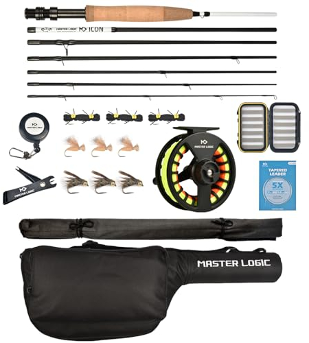 MASTER LOGIC Fliegenfischrute und Angelrolle, Kombi-Starter-Set, 4-teiliges Graphit-Fliegenrute mit Korkgriff, Druckguss-Aluminiumrolle, Fliegenbox-Koffer und Angelfliegen und Tragetasche und Zubehör