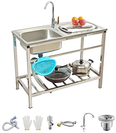 Fregadero Comercial de Acero Inoxidable, Fregadero de Cocina Con Grifo, Fregadero Exterior Independiente, Fregadero Industrial Para Cafetería, Bar, Hotel, Garaje, Lavadero ( Size : 75x40xH75cm )