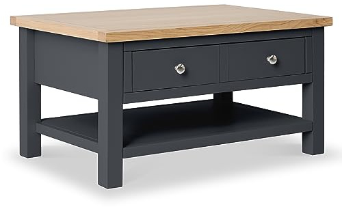 RoselandFurniture Farro Charcoal Grey Large Coffee Table for Living Room | Storage Drawer and Shelves with Oak Top, Painted Finish, Contemporary Style, H45cm W85cm D55cm
