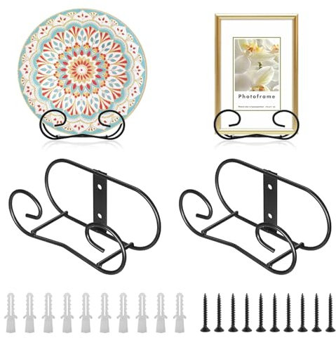 Sumnacon 4Pcs Ellipses Black Metal Wall Mount Display Easel Horizontal Plate Rack Plate Hanger Vertical Plate Stand Holders Picture Frame Stand for Wall-Large