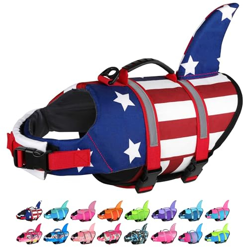 Dogcheer Hundeschwimmweste Hai, amerikanische Flagge, Hundeschwimmweste mit reflektierenden Streifen und Rettungsgriff, verstellbar, hoher Auftrieb, Welpen-Schwimmweste für kleine, mittelgroße und