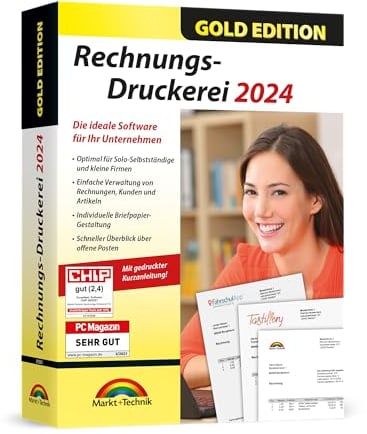 Rechnungsdruckerei 2025 Gold Edition – Rechnungsprogramm für Unternehmer, Handwerker, Kleingewerbe - Kunden und Artikel verwalten inkl. E-Rechnung - kompatibel mit Windows 11, 10, 8.1, 7