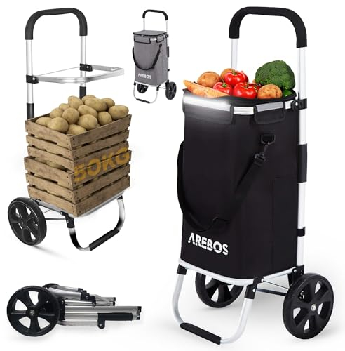 Arebos Carro de la compra 3 en 1, grande, 56 litros, carrito de la compra con compartimento frigorífico, bolsa de la compra con ruedas, plegable, bolsa extraíble, color negro