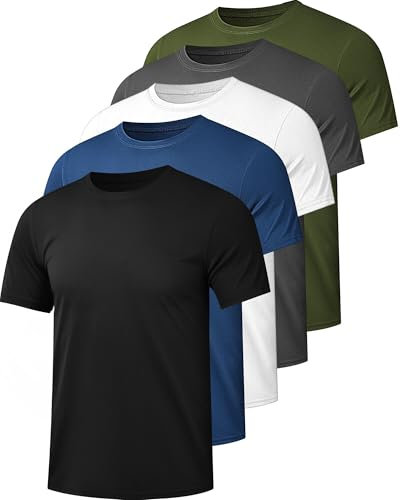Kinglaman 5 Pack Mesh Workout Shirts for Men Dry Fit Gym Shirts Quick Dry Athletic Short Sleeve T-Shirt Moisture Wicking, 1 Black 1 Gray 1 White 1 Blue 1 Green, Medium