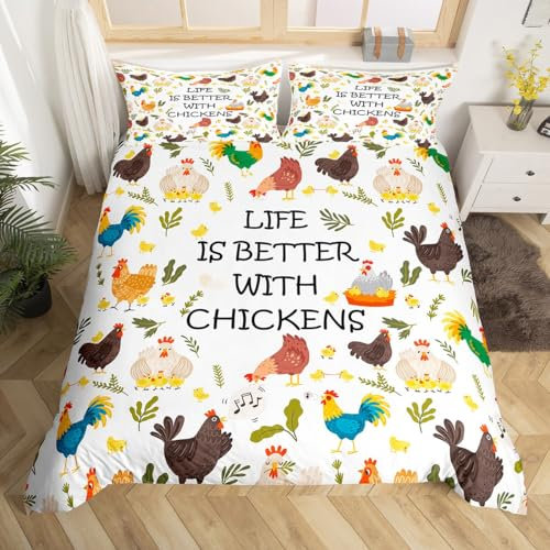 Homemissing Cute Huhn Bettwäsche Set 135x200cm Kinder Bauernhaus Hen Rooster Bettbezug Set für Jungs Tier Thema Betten Set Atmungsaktiv Grass Floral Bettdeckenbezug Zimmer Dekor Bettbezug