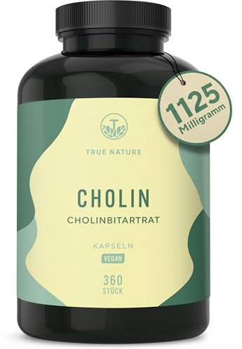 Cholin Bitartrat Kapseln - 360 Kapseln - *Leberkur, Homocystein & Fettstoffwechsel (EFSA) - Vegan, Deutsche Produktion - TRUE NATURE®