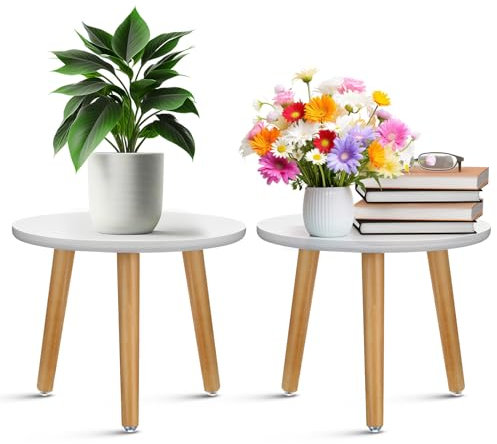 Briwooody 2 supporti per piante da interni, stile vintage metà secolo, in legno, moderno, tavolino rotondo, sgabelli per piante, soggiorno, angolo e balcone, decorazione (22,9 cm, bianco)