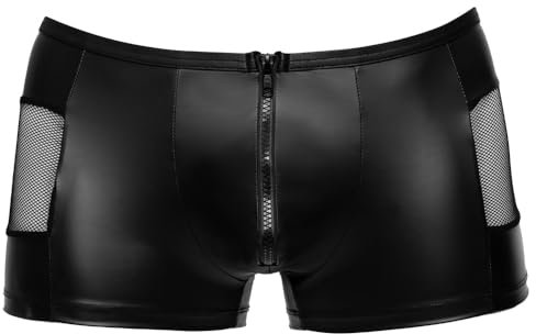 Orion Herren-Pants - sexy Boxer-Shorts für Männer, mit Front-Reißverschluss, transparenten Netz-Einsätzen, Latex-Optik, eng anliegend, schwarz
