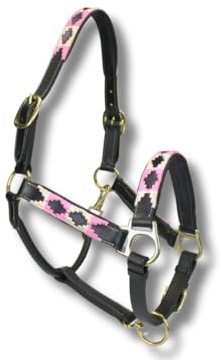 MTB Equestrian Exklusives Lederhalfter Mit Polo-Design – Beidseitig Verstellbar – Hochwertiges Leder – 10 Farbvarianten – Cob & Full (Rosa Weiß, Cob)