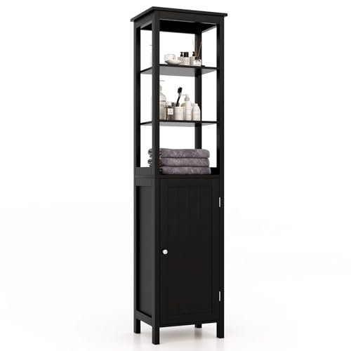 COSTWAY Armario Baño, Mueble Baño con Estante de 3 Niveles y 1 Puerta, Estante Ajustable, Mueble Auxiliar Baño, 40 x 32 x 161,5cm, Salón, Cocina (Negro)