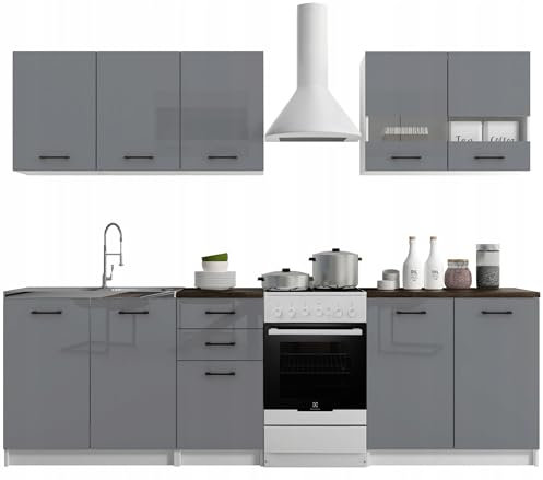 Laclar Küchenmöbel-Set 200 cm- Hochglanz-Graue Fronten - Schränke mit Arbeitsplatten - Komplettset für Küche - Flexible Anordnung