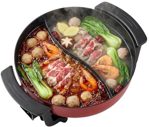 Hot Pot - Wok eléctrico, olla con divisor, cacerola de cocina, olla antiadherente china, fácil de limpiar, calentamiento rápido para el hogar, la oficina y el dormitorio, color rojo