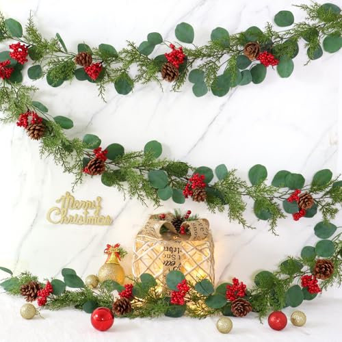 Dremisland Eucalipto Ghirlanda Natalizia di Bacca Pigne 180cm Lunga Ghirlanda di Abete Verde Ghirlanda Natalizie Decorazioni per Porta Scale Camino