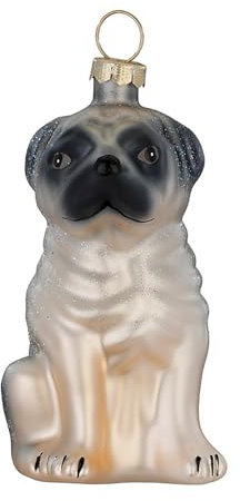 Christbaumschmuck Glas 7,5cm - Mops Figur zum Aufhängen - handbemalt - Weihnachtsbaum Anhänger für Weihnachten - Christbaumanhänger & Weihnachtsbaumschmuck - Tiere Hund Beige Grau