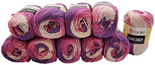 500g Strickwolle Ilkadim Export Jeans Crazy mehrfarbig mit 55% Baumwolle, 10 x 50 Gramm Baumwoll-Strickgarn mit Farbverlauf (lila beere cremeweiss 8206)