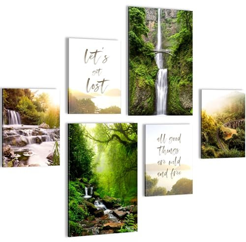 Novart Wandbilder Wald Wasserfall - KOMPLETT AUFHÄNGFERTIG - Grün Wohnzimmer Schlafzimmer Flur - 6 Moderne Mood-Bilder - N033967a