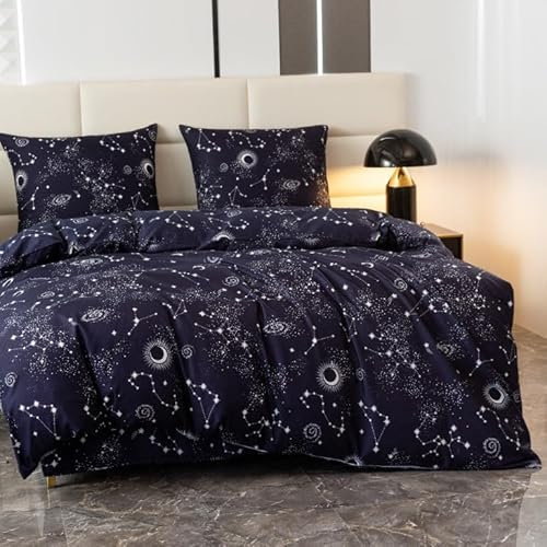 Cotton Market Bettwäsche 135x200 cm - Bettwäsche Mikrofaser Baumwolle - Herbst Bettwäsche-Sets 2 Teilig mit Reißverschluss - Blumen Bettbezug mit 1 Kissenbezug 70x80 cm - Sternbilder/Blau