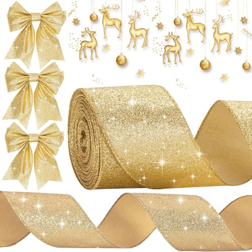 KVGBNT Schleifenband Weihnachten, Weihnachten Deko, 9,1M Weiches Schleifenband 63MM Schleifenband Weihnachten Für Weihnachten Basteln, Geschenkverpackungen, Baumschmuck Weihnachten (Glitzergold)