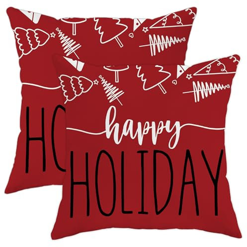 Happy Holiday - Federa per cuscino rossa, motivo albero di Natale stagionale, federe decorative invernali per casa, divano, soggiorno, 50 x 50 cm
