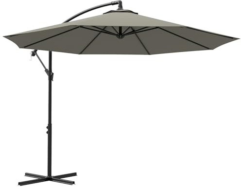 Outsunny 3(m) Garden Banana Parasol Cantilever Umbrella with Crank Handle, 8 Ribs and Cross Base for Outdoor, Hanging Sun Shade, Light Grey