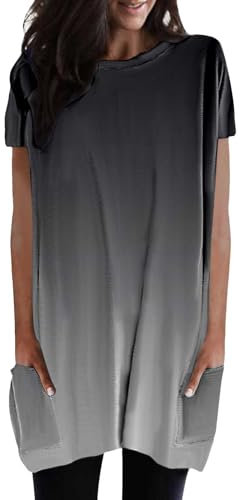T-Shirt Long Femme avec Poche Ourlet Ample à Manches Courtes Et Col Rond en Coton D'été Oversize Basique Top Tunique Grande Taille Haut pour Leggings Blouse Sport avec Poches Mode Chic Lâche Pas Cher