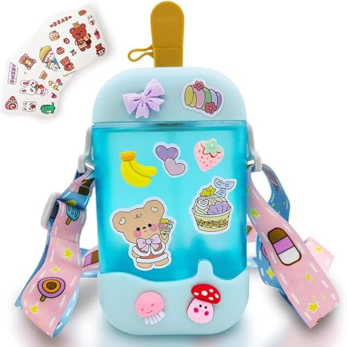 ZRHXG Kawaii - Gourde mignonne pour crème glacée - Avec paille et bandoulière - Bouteille d'eau portable anti-fuite - Pour filles mignonnes - École (400 ml, bleu)