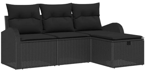 vidaXL Garten-Sofa-Set mit Kissen 4 pcs Schwarz Poly Rattan, Garten und Terrasse, modernes Outdoor-Sofa, modulares Design, widerstandsfähige Möbel, entspannende Sitzgelegenheit