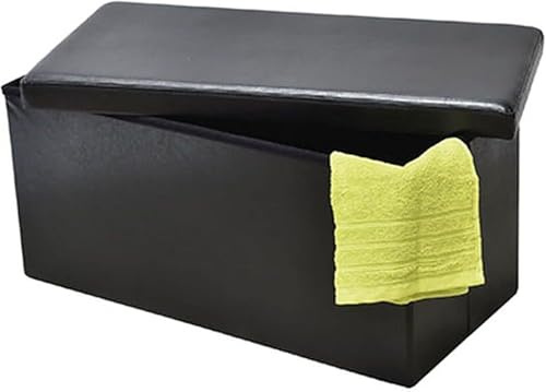 Faux Leather Ottoman Storage Box with Lid, Multi-Purpose Foldable Footstool Rest Seat Storage Stool Toys box Chest Bench Blanket Linen Laundry Box (Black, Large - 76x38cm)