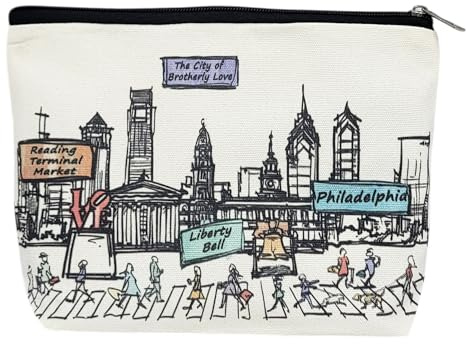 Beary Blu Cities Around the World Cosmetic Bag Series – Designed in USA, Travel Makeup Bag with Zipper, Souvenir Gift for Women, Cute City Artwork Organizer for Purse or Toiletry (Philadelphia)