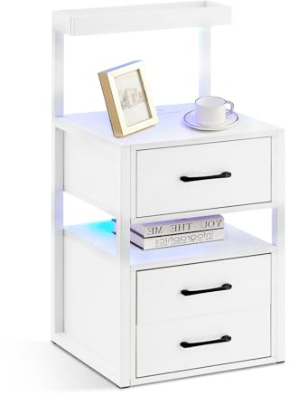 LED Nightstand with Charging Station & Open Shelves, 3-Drawer Bedside Table, Ladder Design Storage Cabinet for Bedroom & Living Room, Modern White Finish